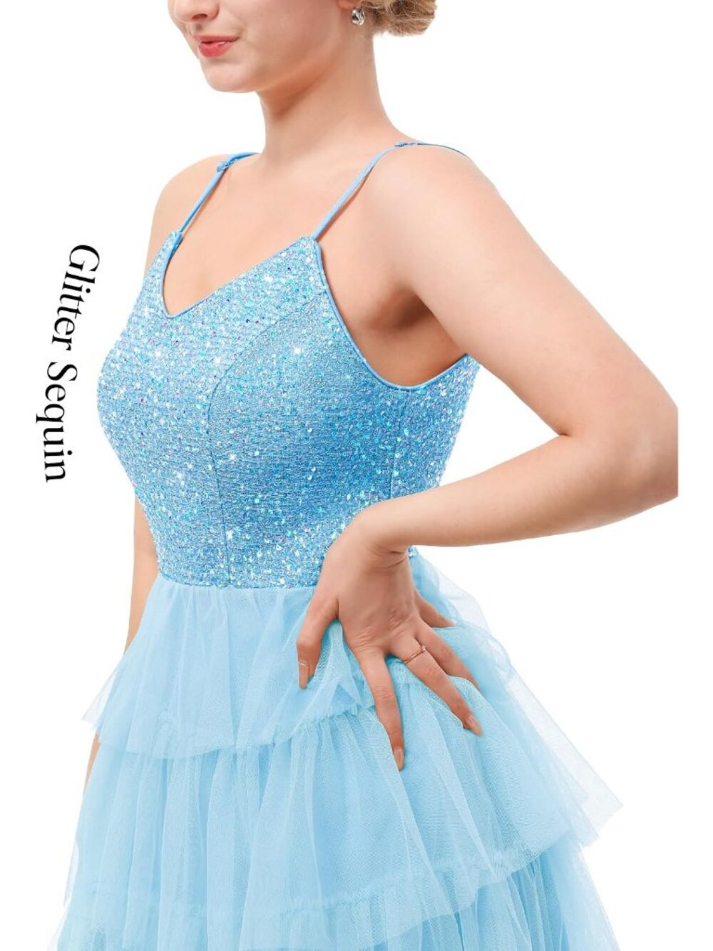 Women's Blue Spaghetti Strap Sequin Glitter Cocktail Bodycon Mini Dress - Picture 4 of 6
